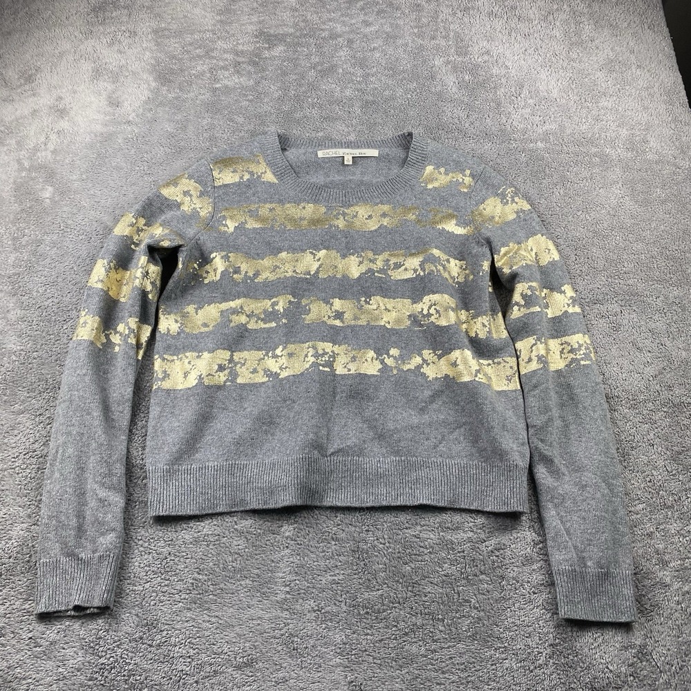 Rachel Roy Crew Neck Pullover Sweater Top Womens Small Gray Gold Metallic Stripe